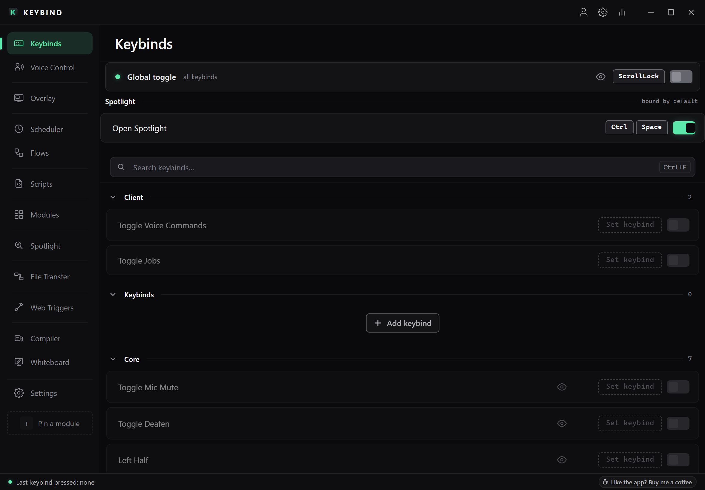 The Keybinds tab: the global toggle row, the Open Spotlight keybind, the search field and the Client keybind group