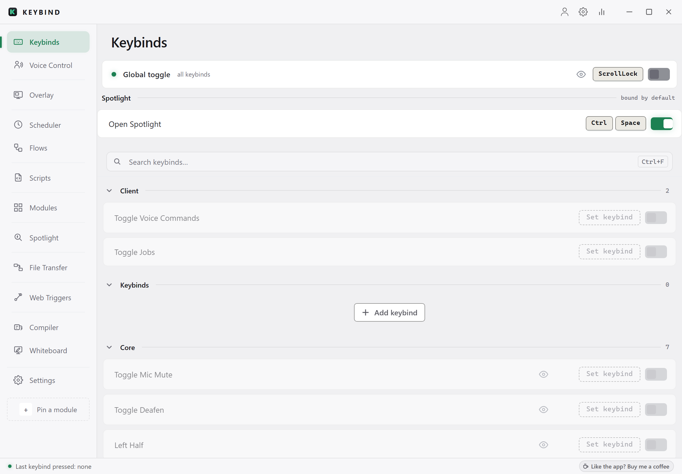 The Keybinds tab: the global toggle row, the Open Spotlight keybind, the search field and the Client keybind group