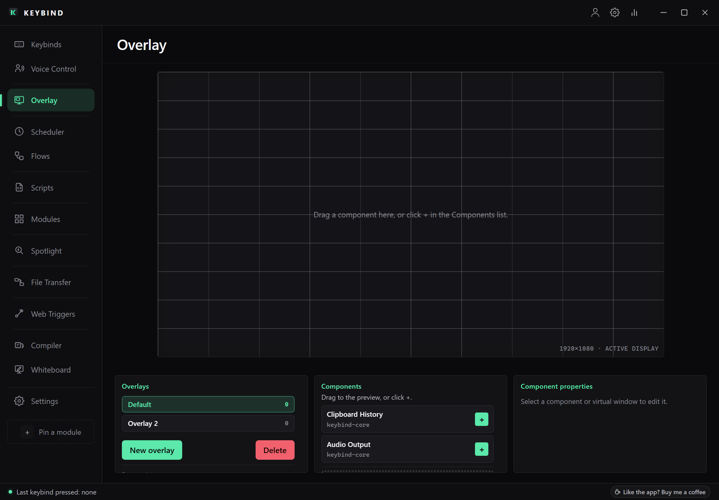 The Overlay tab: the 1920×1080 editor grid, the Overlays list with Default and Overlay 2, and the Components panel offering Clipboard History and Audio Output