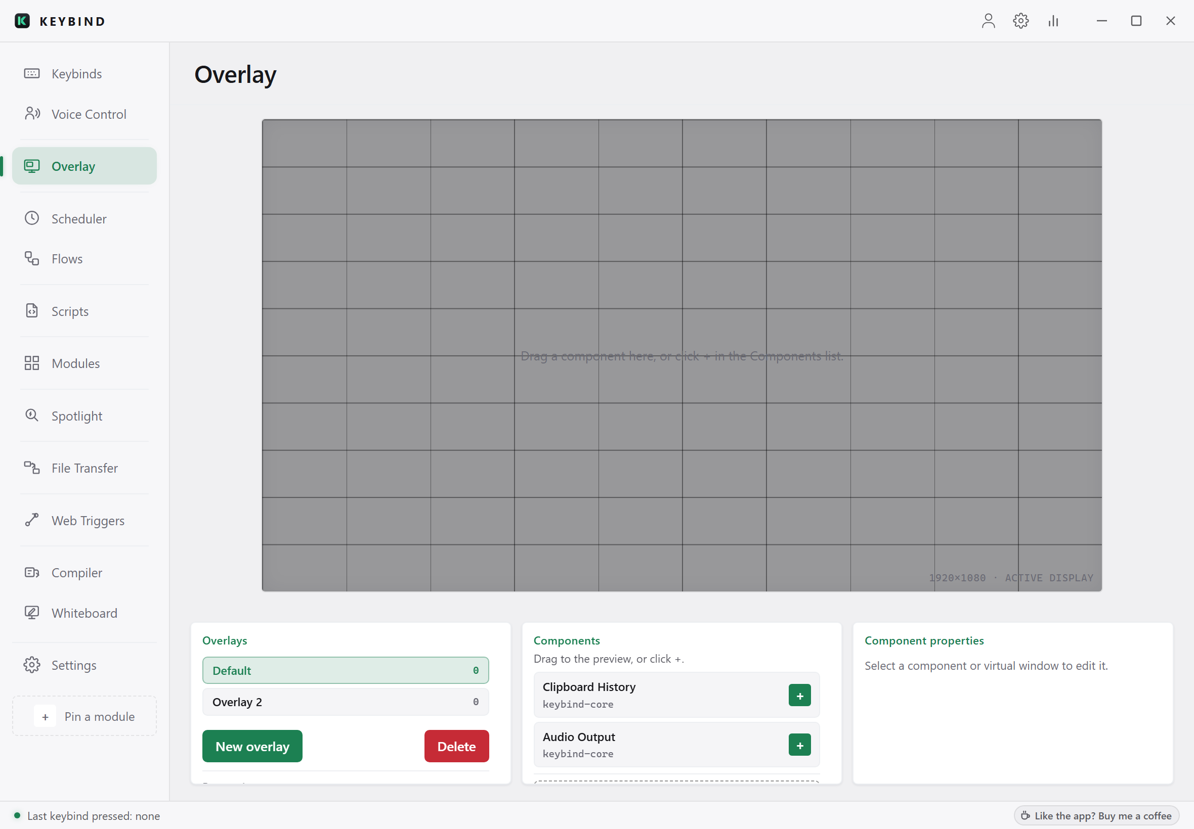 The Overlay tab: the 1920×1080 editor grid, the Overlays list with Default and Overlay 2, and the Components panel offering Clipboard History and Audio Output