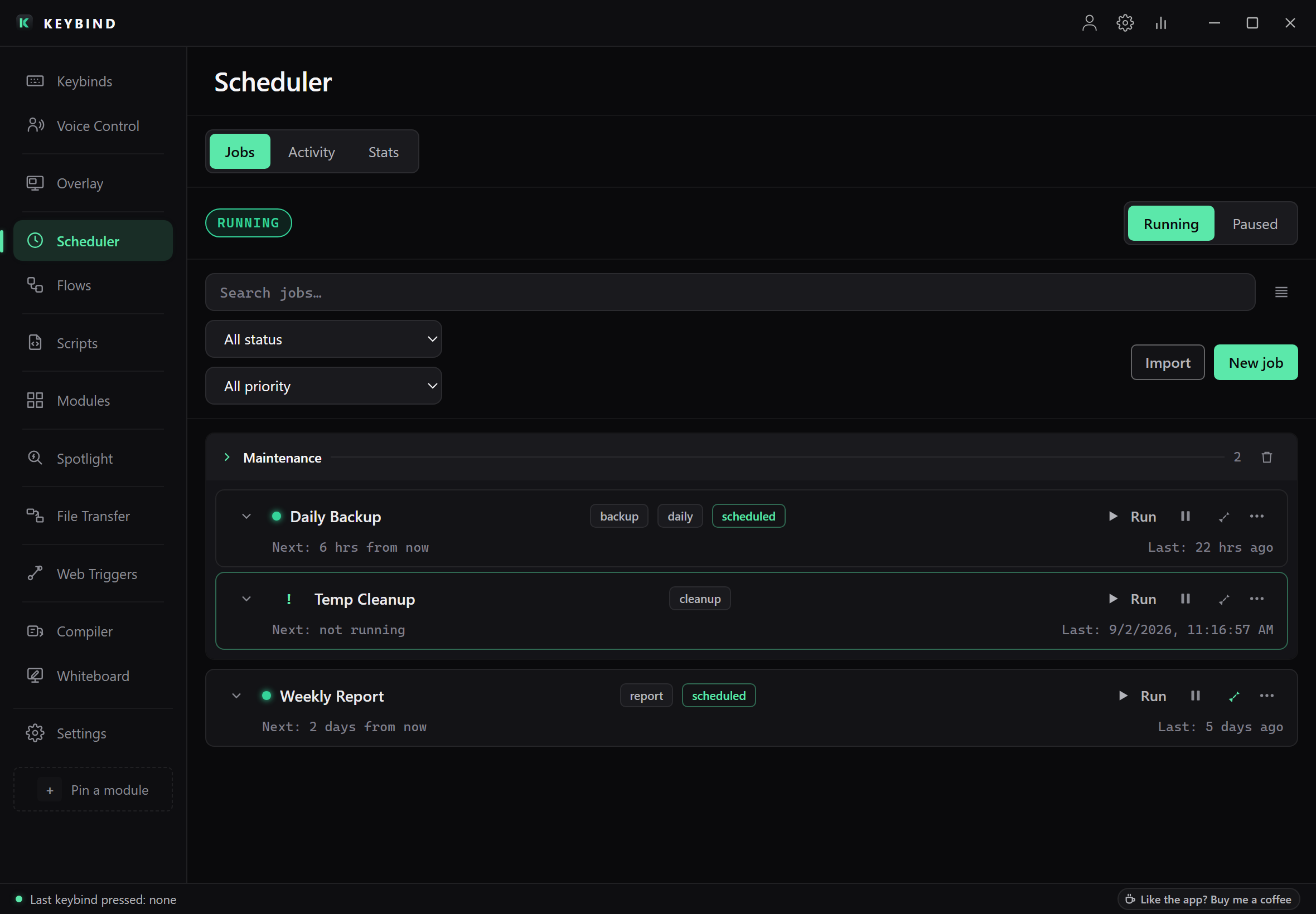The Scheduler tab: the Maintenance group with the Daily Backup and Temp Cleanup jobs, and the Weekly Report job, each with its next and last run