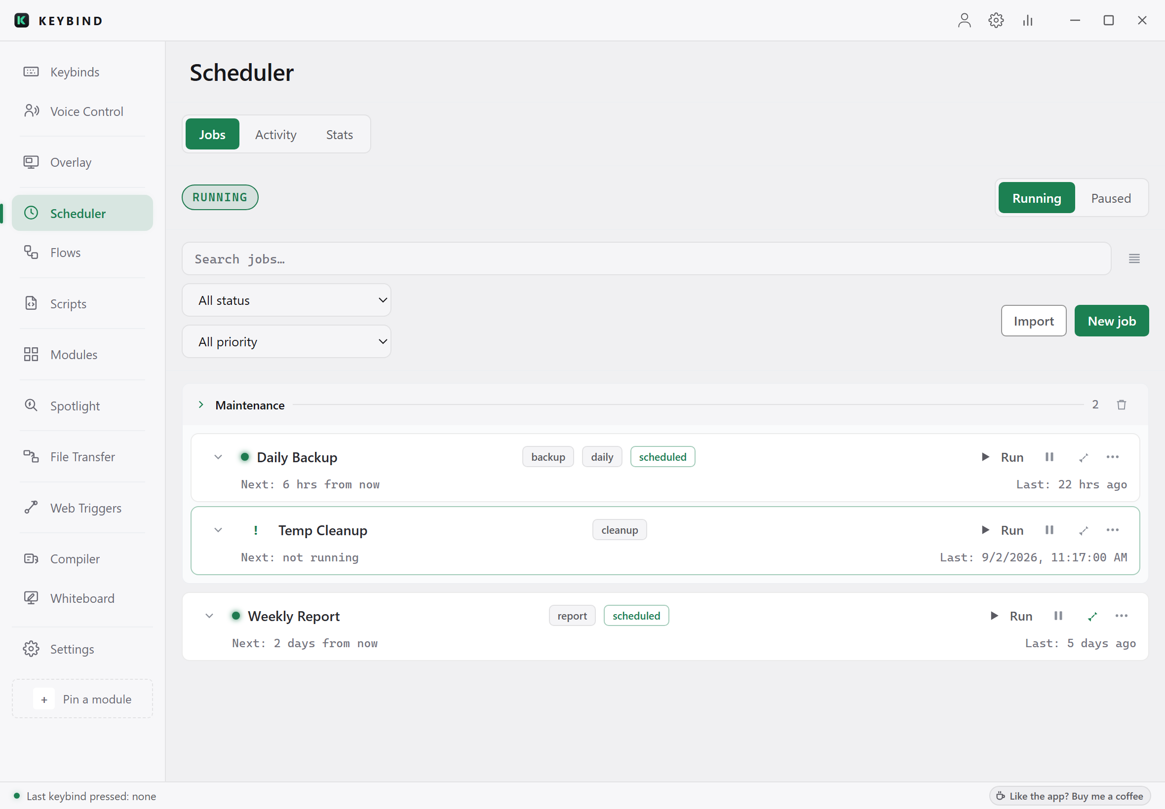 The Scheduler tab: the Maintenance group with the Daily Backup and Temp Cleanup jobs, and the Weekly Report job, each with its next and last run