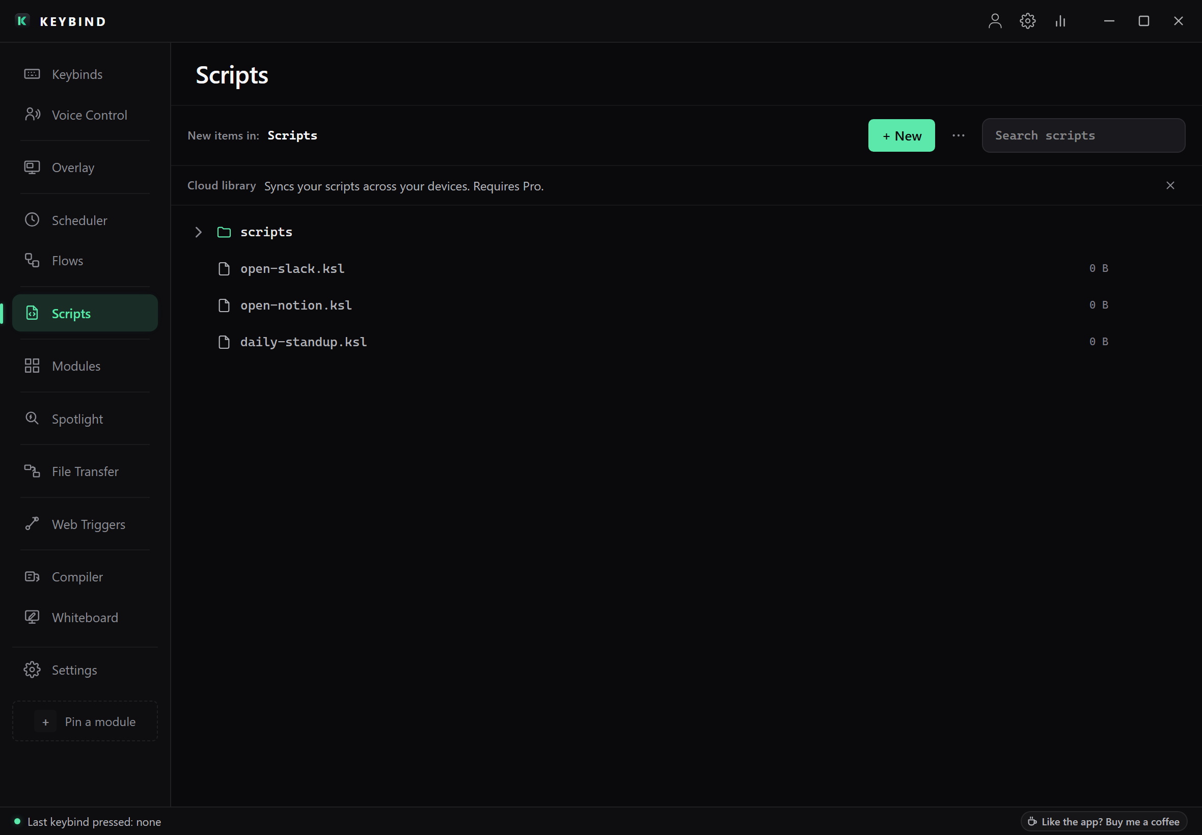 The Scripts tab: a scripts folder with open-slack.ksl, open-notion.ksl and daily-standup.ksl, the New button and the search field