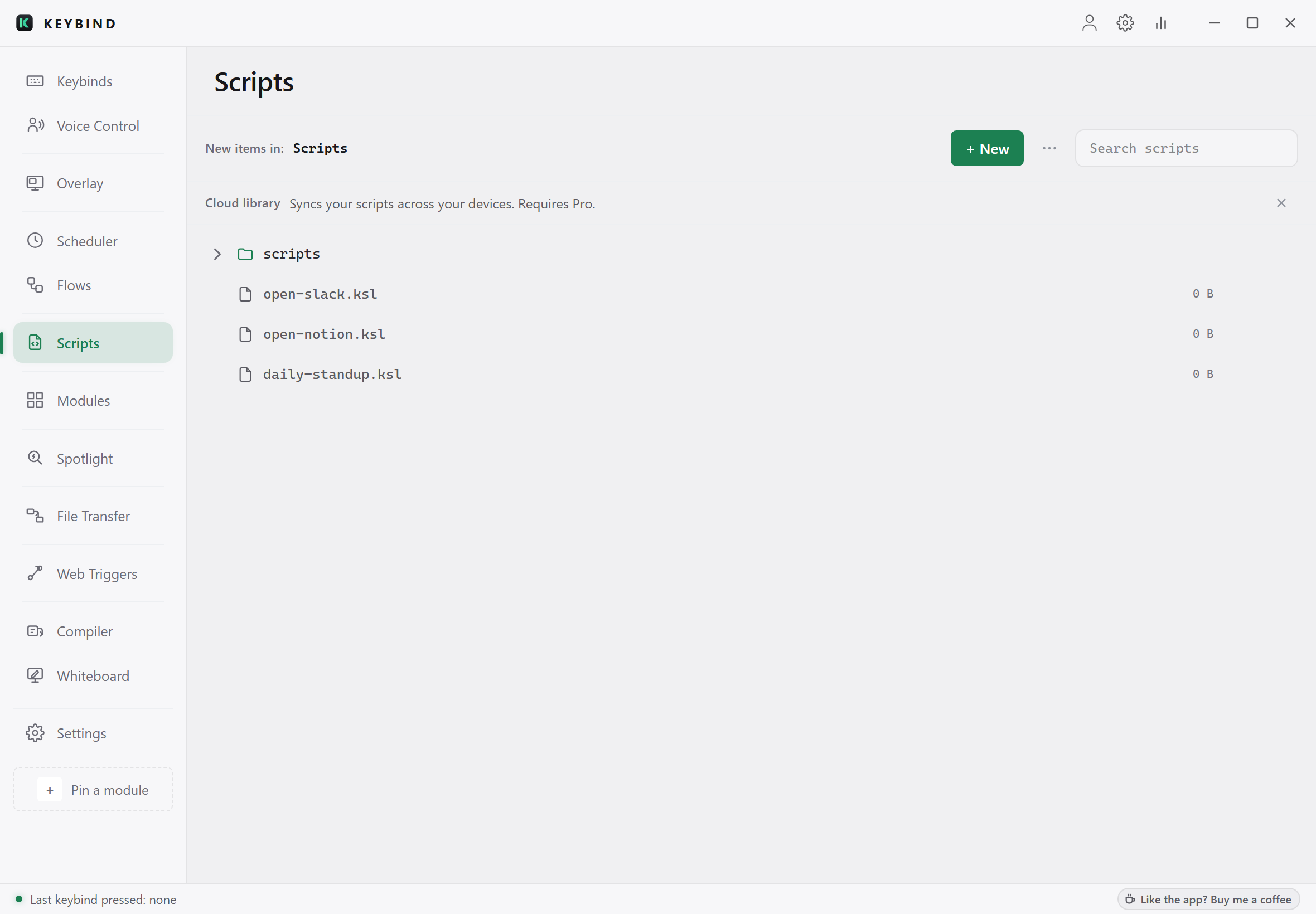The Scripts tab: a scripts folder with open-slack.ksl, open-notion.ksl and daily-standup.ksl, the New button and the search field